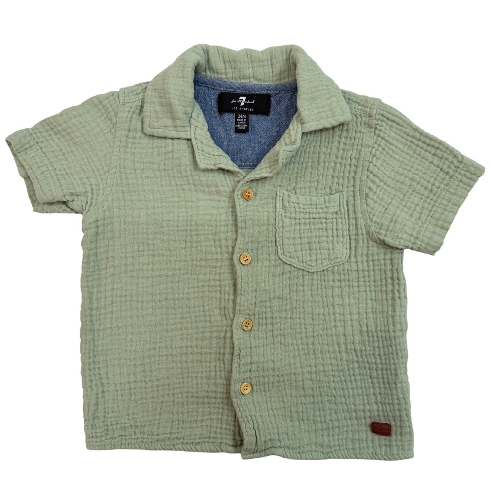 7 For All Mankind Button Down Shirt Boys 24M Green Gauze Short Sleeve Toddler